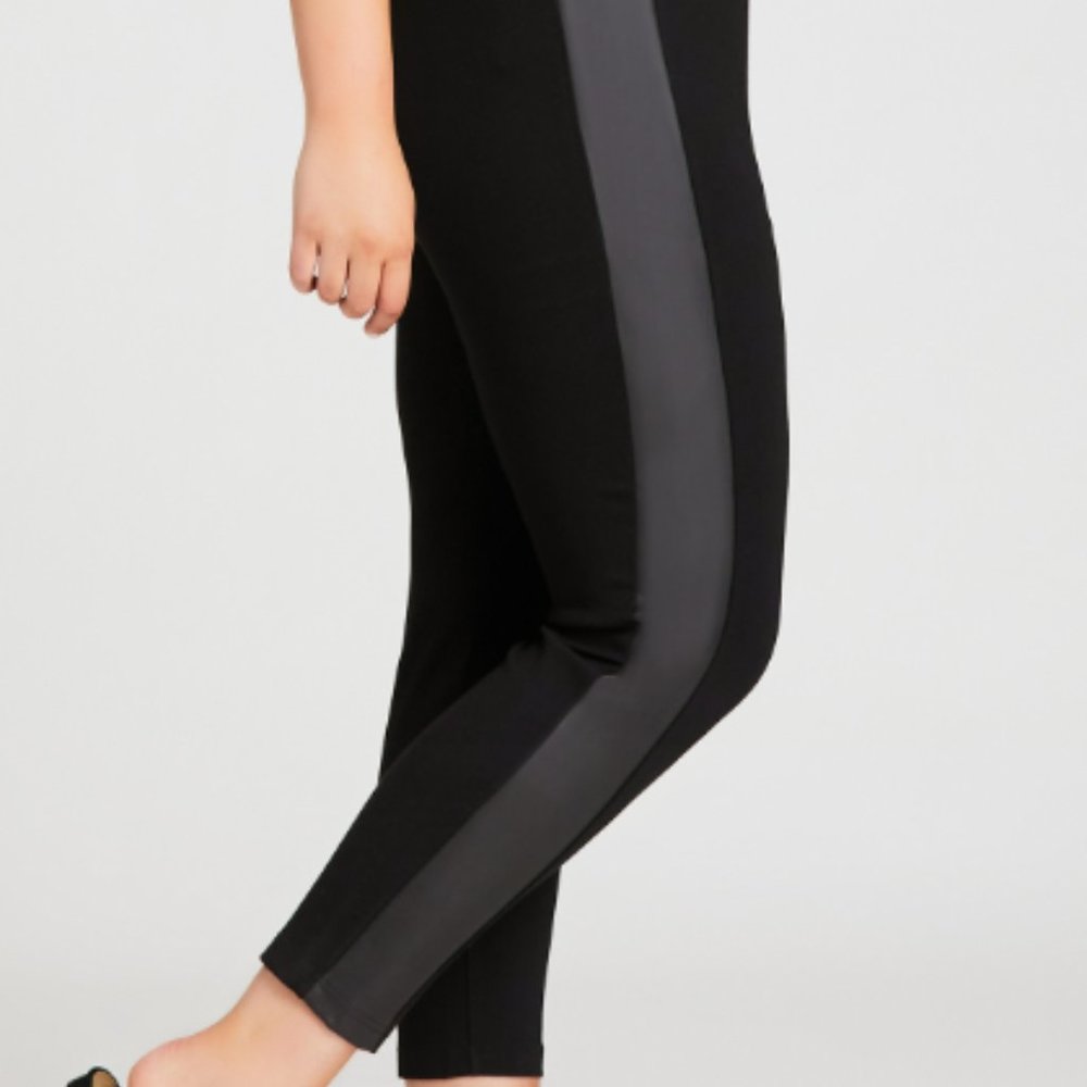 NWT The Avenue leggings ponte pants womens 14/16 black faux leather side stripe